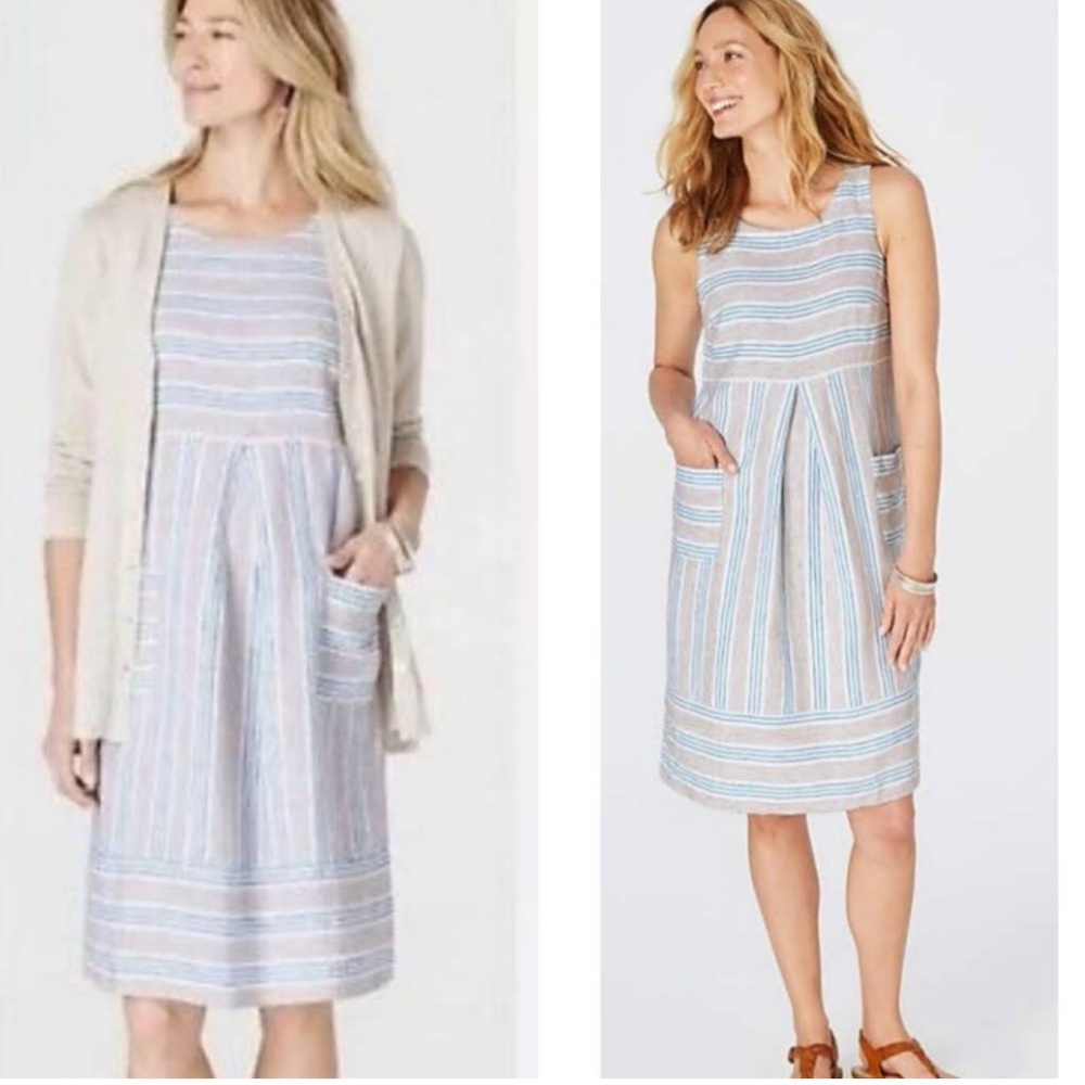 J Jill Love Linen White Blue Striped Sleeveless Dress Womens Size medium Petite